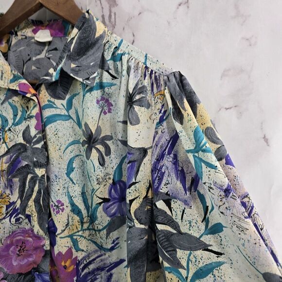 Vintage Blouse Womens Large 80s 90s Purple Blue Floral Long Sleeve Button Artsy - Picture 10 of 11
